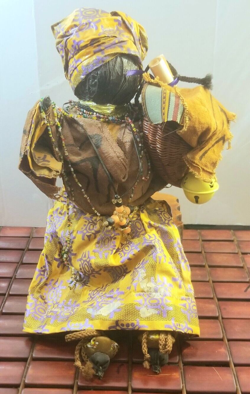 Vintage African Faceless Doll w/ Cornicopia Scroll & Bell Handmade Folk Art 16"